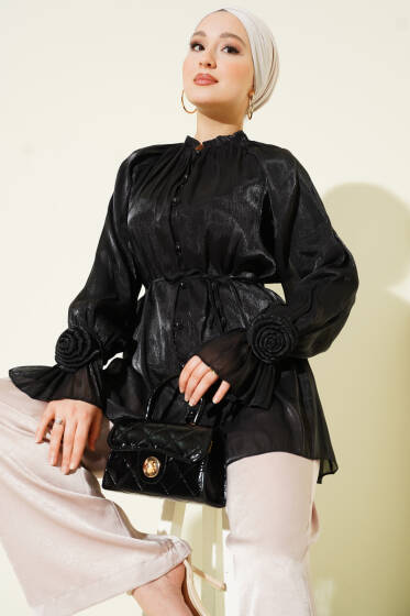 Brit Düğmeli Gül Detaylı Abiye Gömlek Siyah - Gömlek