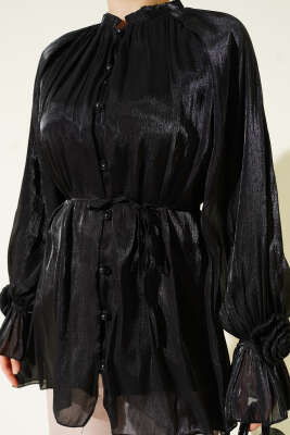 Brit Düğmeli Gül Detaylı Abiye Gömlek Siyah - Gömlek