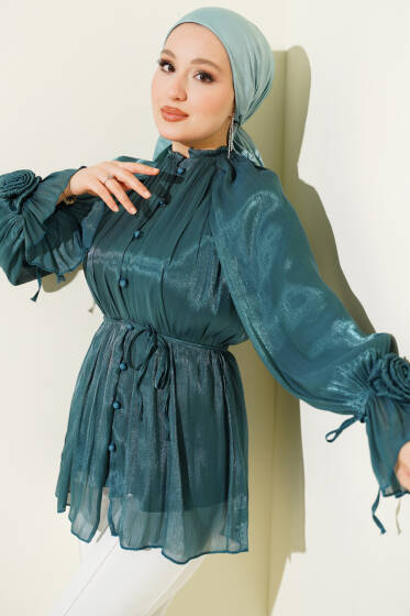 Brit Düğmeli Gül Detaylı Abiye Gömlek Zümrüt - Gömlek