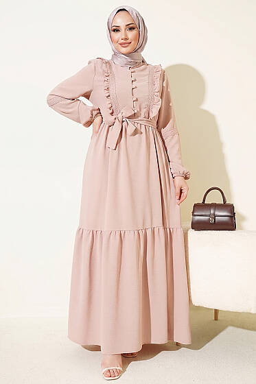 Brit Düğmeli Güpür Detaylı Elbise Bej - Elbise