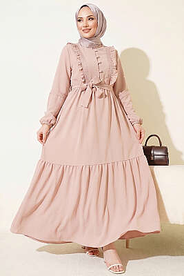 Brit Düğmeli Güpür Detaylı Elbise Bej - Elbise