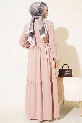 Brit Düğmeli Güpür Detaylı Elbise Bej - Elbise