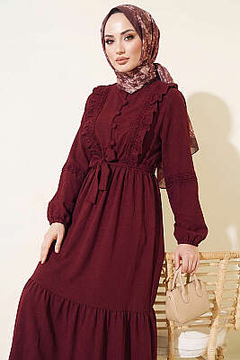 Brit Düğmeli Güpür Detaylı Elbise Bordo - ASMİN