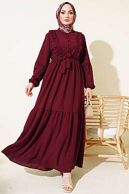 Brit Düğmeli Güpür Detaylı Elbise Bordo - Elbise