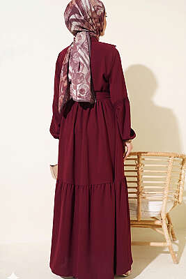 Brit Düğmeli Güpür Detaylı Elbise Bordo - Elbise