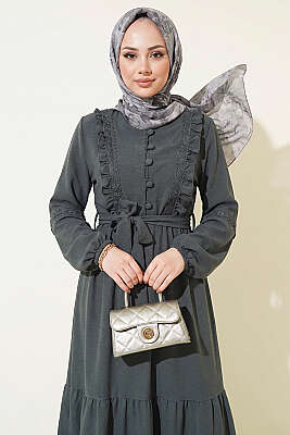 Brit Düğmeli Güpür Detaylı Elbise Füme - Elbise