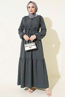 Brit Düğmeli Güpür Detaylı Elbise Füme - ASMİN