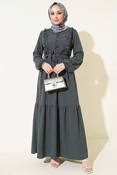 Brit Düğmeli Güpür Detaylı Elbise Füme - Elbise