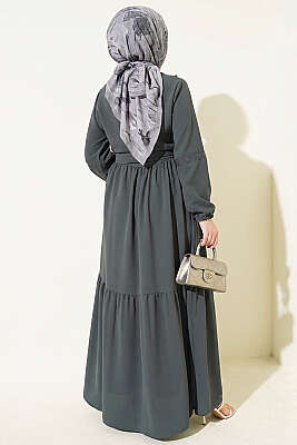 Brit Düğmeli Güpür Detaylı Elbise Füme - Elbise