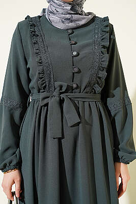 Brit Düğmeli Güpür Detaylı Elbise Füme - Elbise