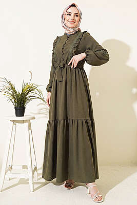 Brit Düğmeli Güpür Detaylı Elbise Haki - ASMİN