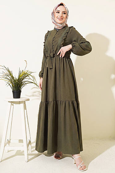 Brit Düğmeli Güpür Detaylı Elbise Haki - Elbise