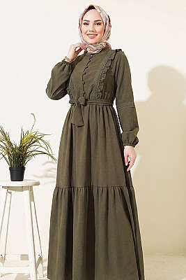 Brit Düğmeli Güpür Detaylı Elbise Haki - Elbise