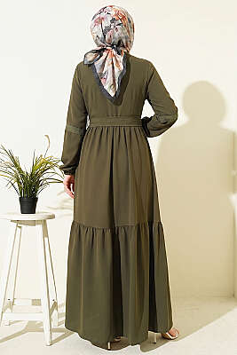 Brit Düğmeli Güpür Detaylı Elbise Haki - Elbise