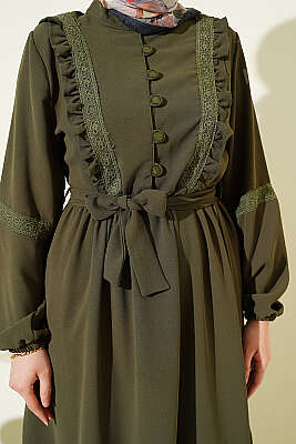 Brit Düğmeli Güpür Detaylı Elbise Haki - Elbise