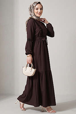 Brit Düğmeli Güpür Detaylı Elbise Kahve - ASMİN