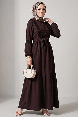 Brit Düğmeli Güpür Detaylı Elbise Kahve - Elbise