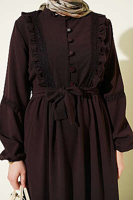 Brit Düğmeli Güpür Detaylı Elbise Kahve - Elbise