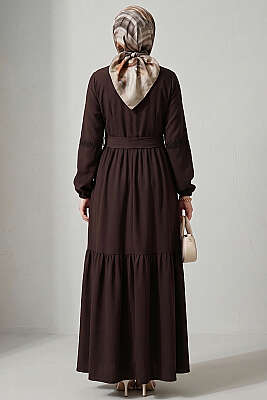 Brit Düğmeli Güpür Detaylı Elbise Kahve - Elbise