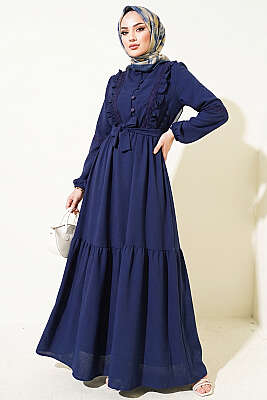 Brit Düğmeli Güpür Detaylı Elbise Lacivert - ASMİN