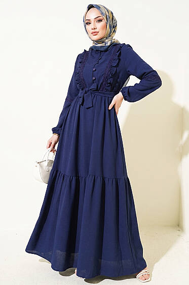 Brit Düğmeli Güpür Detaylı Elbise Lacivert - Elbise