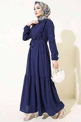 Brit Düğmeli Güpür Detaylı Elbise Lacivert - Elbise