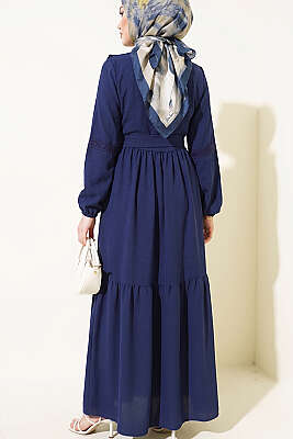 Brit Düğmeli Güpür Detaylı Elbise Lacivert - Elbise