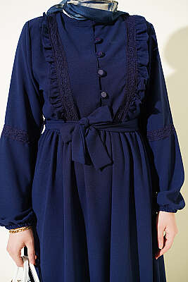 Brit Düğmeli Güpür Detaylı Elbise Lacivert - Elbise