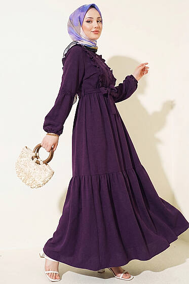 Brit Düğmeli Güpür Detaylı Elbise Mürdüm - Elbise