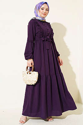 Brit Düğmeli Güpür Detaylı Elbise Mürdüm - Elbise