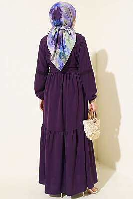 Brit Düğmeli Güpür Detaylı Elbise Mürdüm - Elbise