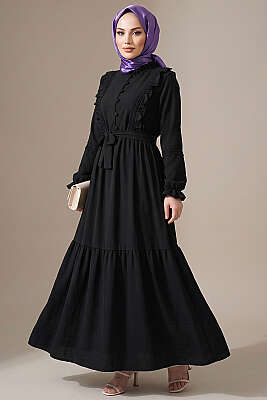 Brit Düğmeli Güpür Detaylı Elbise Petrol Siyah - ASMİN