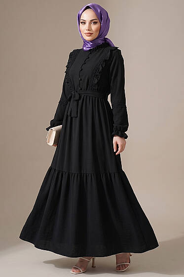 Brit Düğmeli Güpür Detaylı Elbise Petrol Siyah - Elbise