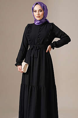 Brit Düğmeli Güpür Detaylı Elbise Petrol Siyah - Elbise