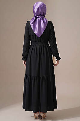 Brit Düğmeli Güpür Detaylı Elbise Petrol Siyah - Elbise