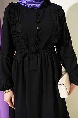 Brit Düğmeli Güpür Detaylı Elbise Petrol Siyah - Elbise