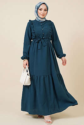 Brit Düğmeli Güpür Detaylı Elbise Petrol Yeşili - ASMİN