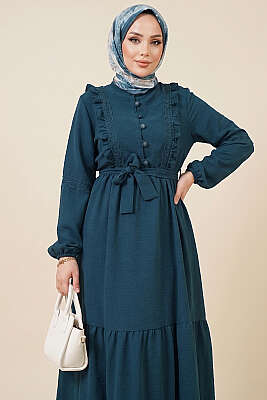 Brit Düğmeli Güpür Detaylı Elbise Petrol Yeşili - Elbise