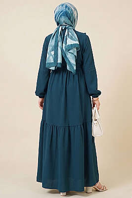 Brit Düğmeli Güpür Detaylı Elbise Petrol Yeşili - Elbise