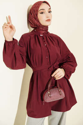 Brit Düğmeli Hakim Yaka Poplin Gömlek Bordo - NEVA MODA