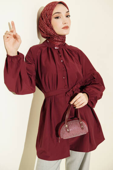 Brit Düğmeli Hakim Yaka Poplin Gömlek Bordo - Gömlek