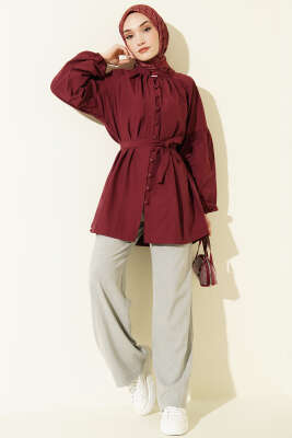 Brit Düğmeli Hakim Yaka Poplin Gömlek Bordo - Gömlek