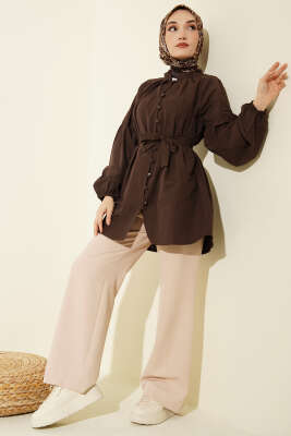 Brit Düğmeli Hakim Yaka Poplin Gömlek Kahve - Gömlek