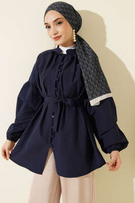 Brit Düğmeli Hakim Yaka Poplin Gömlek Lacivert - NEVA MODA