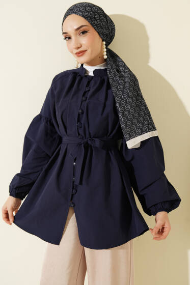 Brit Düğmeli Hakim Yaka Poplin Gömlek Lacivert - Gömlek