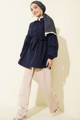 Brit Düğmeli Hakim Yaka Poplin Gömlek Lacivert - Gömlek