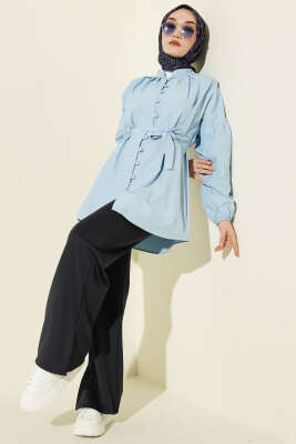 Brit Düğmeli Hakim Yaka Poplin Gömlek Mavi - Gömlek