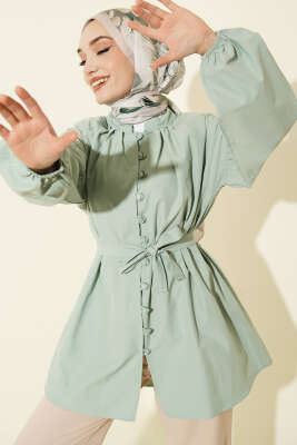 Brit Düğmeli Hakim Yaka Poplin Gömlek Mint - NEVA MODA