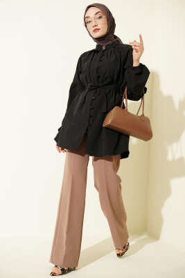 Brit Düğmeli Hakim Yaka Poplin Gömlek Siyah - Gömlek