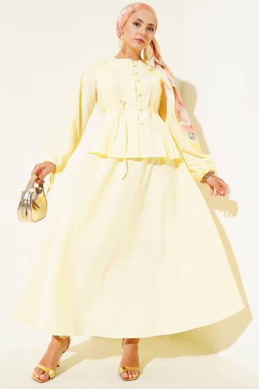 Brit Düğmeli İkili Etek Takımı Sarı - İkili Takım